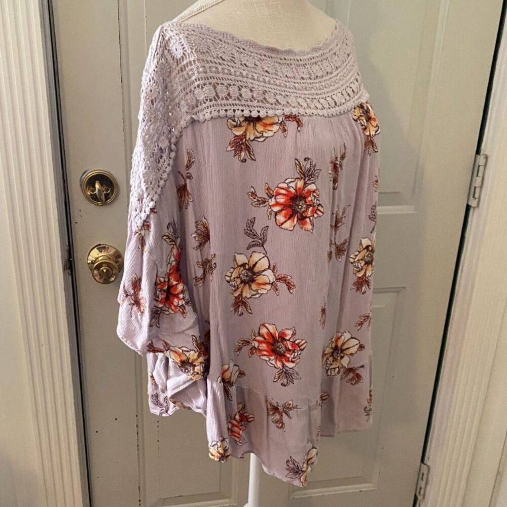 Entro Lavender Off The Shoulder Short Bat Sleeve Riffled Hem Top Size L - Picture 2 of 8